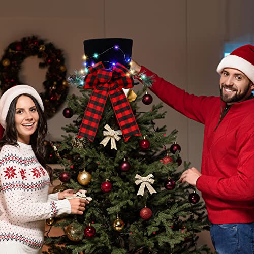 Jetec Christmas Tree Topper Hat Buffalo Plaid Bow with Lights (Black Hat, Red & Black Plaid) for Xmas Tree