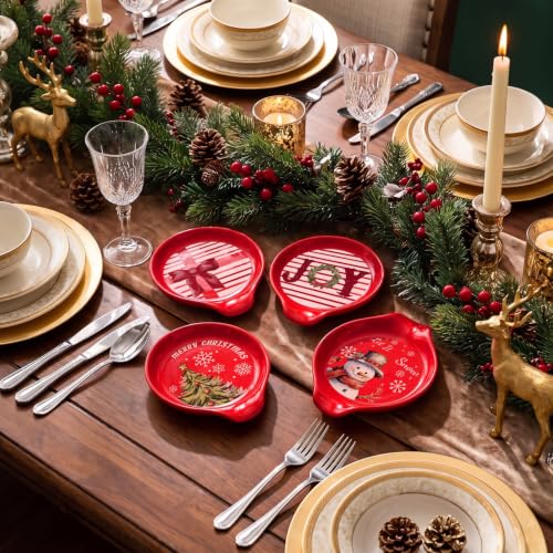 Domensi 4 Pcs Christmas Ceramic Spoon Rests Set - Snowman Christmas Tree Edition
