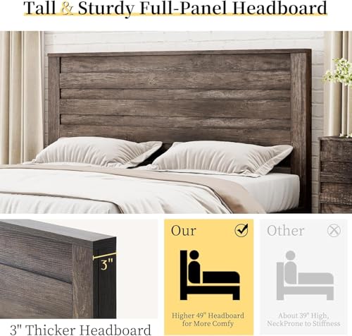 3-Piece Farmhouse Full Bed Frame Set with Charging Nightstands, Rustic Grey