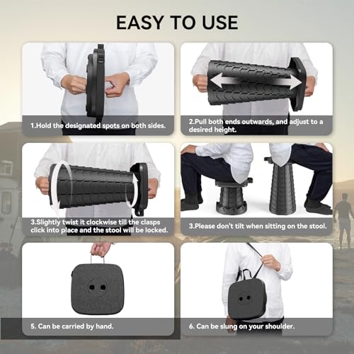 Portable Folding Stool, Telescoping Collapsible Seat - 485lb Capacity, Black