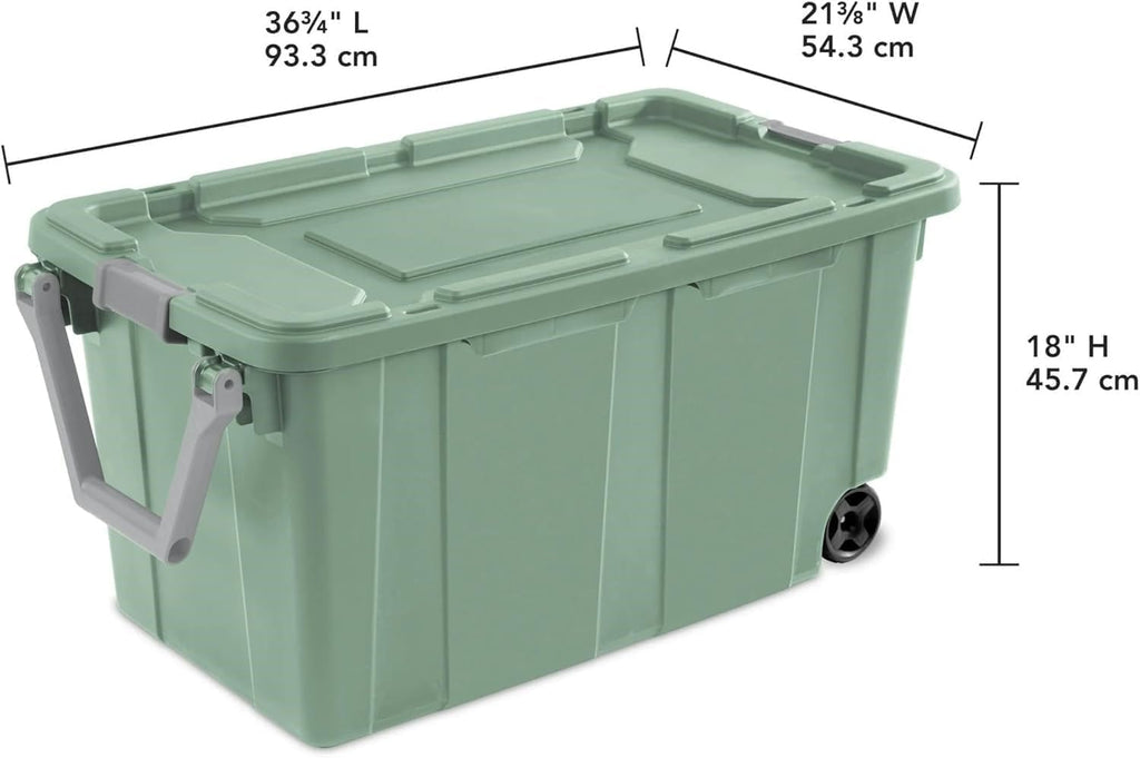 Storage Bin - 40 Gallon Wheeled Industrial Tote | Tough Stackable Plastic Container - Green Sage (2 Pack)