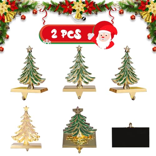 2-Piece Glitter Christmas Tree Stocking Holders for Mantle, Gold & Green