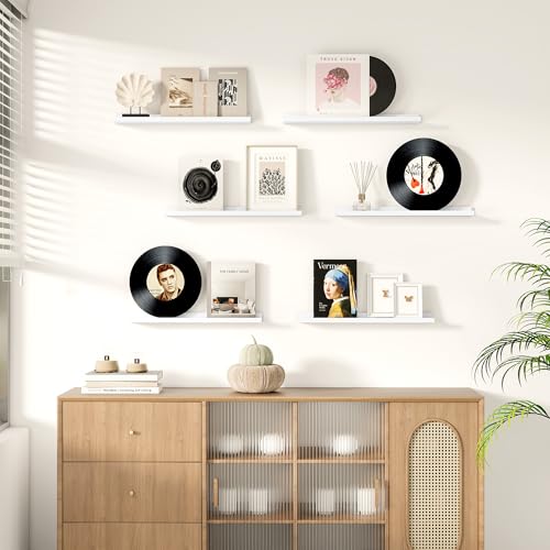 16-Inch White Floating Picture Ledge Shelves, Set of 2 Solid Wood Wall Shelves