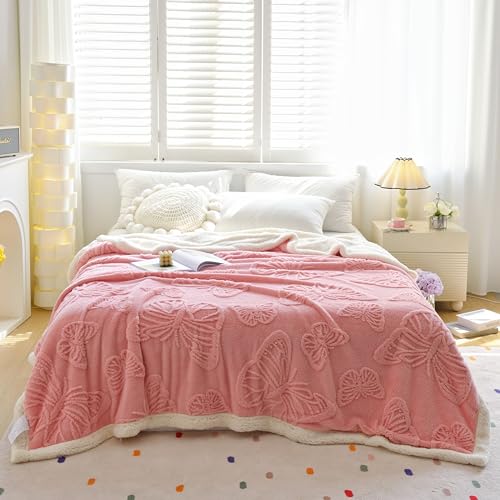 UKELER Pink 60x80 Inch Sherpa Fleece Blanket - Soft Twin Size Throw for Bed Couch All Season