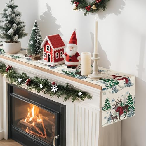 Artscope Beige 13x108 Christmas Table Runner with Reindeer Snowman Snowflakes
