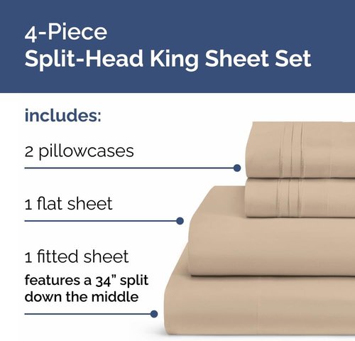 Flex Top Split Head King Sheet Set - Comfy Cooling Bed Sheets | Ultra-Soft Hotel Luxury Bedding - Deep Pockets - Oeko-Tex Certified - Cream