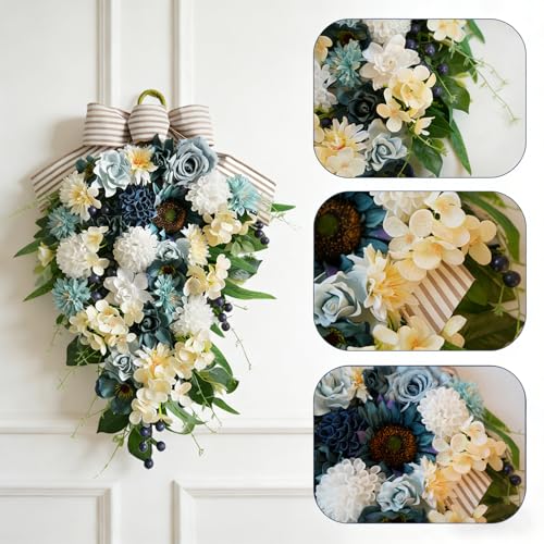 25-Inch Artificial Floral Door Swag with Blue Roses and White Hydrangeas