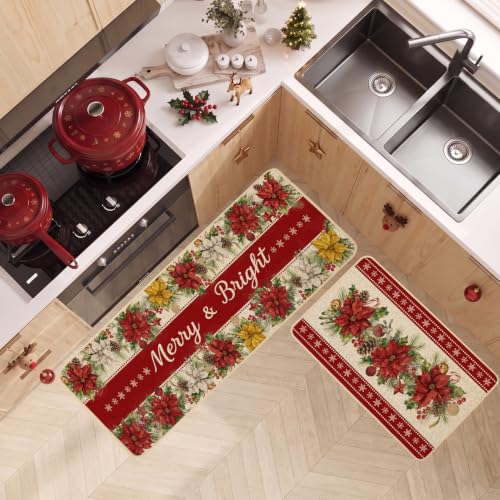 Baccessor Christmas Poinsettia Kitchen Rugs Set - Bright Holiday Decor, 17x29 & 17x47 Inches