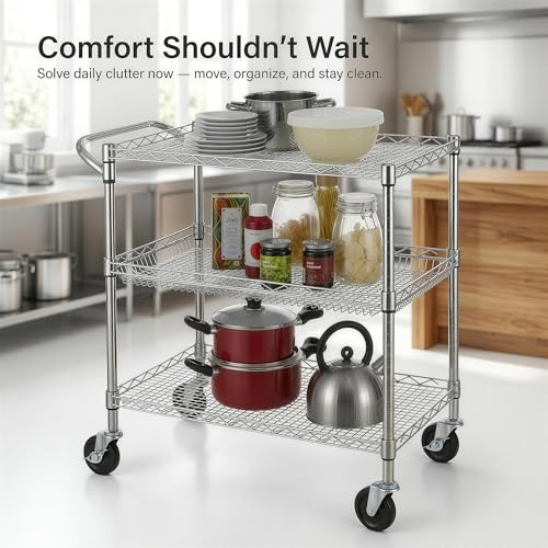 3-Tier Heavy Duty Steel Wire Rolling Utility Cart with Wheels & Handle