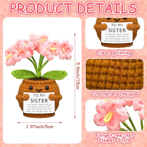 Handmade Crochet Pink Myosotis Flower Doll with Heartfelt Sister Gift Card