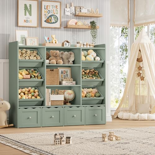 55-inch Kids Toy Storage Organizer with 10 Bins and Bookshelf, Green