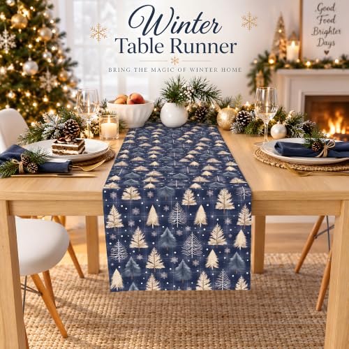 OHOME Navy Blue Xmas Tree Snowflake Winter Table Runner - Christmas Decorations, 73x13 inches, Festive Table Decor
