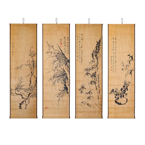 4-Panel Japanese Ink Wall Art Scroll - Shikunshi Four Seasons Zen Decor