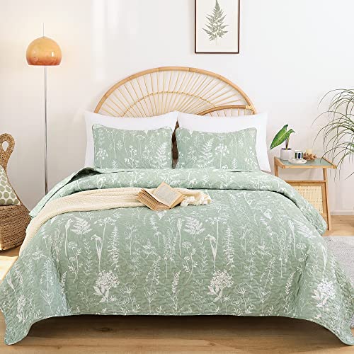 JANZAA Sage Green Queen Quilt Set - 3-Piece Lightweight Floral Bedspread