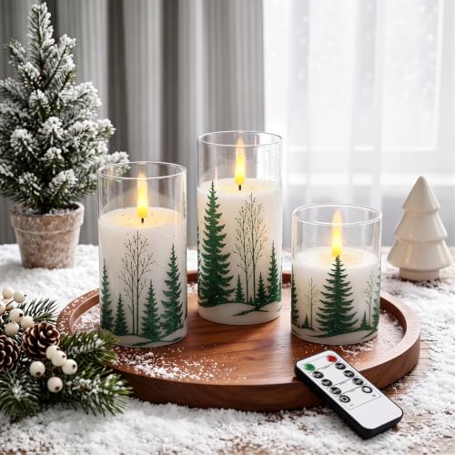 Raycare 3-D Flame Flameless Pillar Candles with Remote (D3 x H4/5/6) Green Tree
