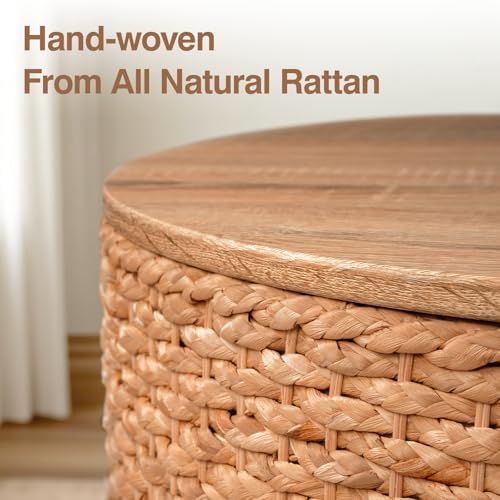 Round Wicker Nesting Coffee Table Set of 2 with Hidden Storage