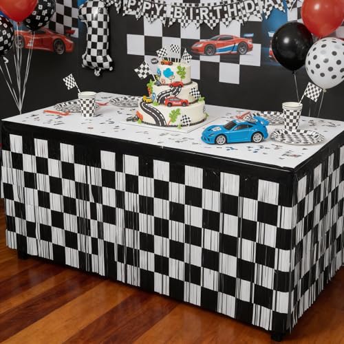 Black and White Checkered Foil Tinsel Table Skirt - 2 Pack Racing Party Decor