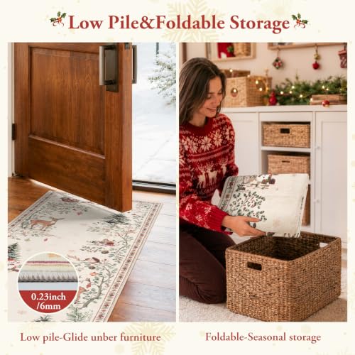Beeiva 3' x 5' Beige Christmas Area Rug — Vintage Woodland Design, Non-Slip Backing