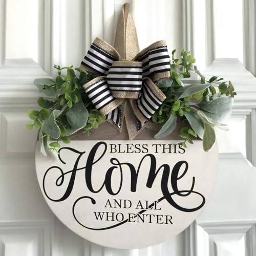 Welcome Sign for Front Door, 12-Inch Round Rustic Wooden Door Hanger Decor