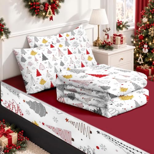 Nesker Christmas Tree Twin Zipper Bedding Set for Kids, 3-Piece All-in-One