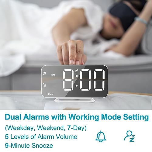 Slim LED Digital Alarm Clock with Mirror Surface & Dual USB Ports