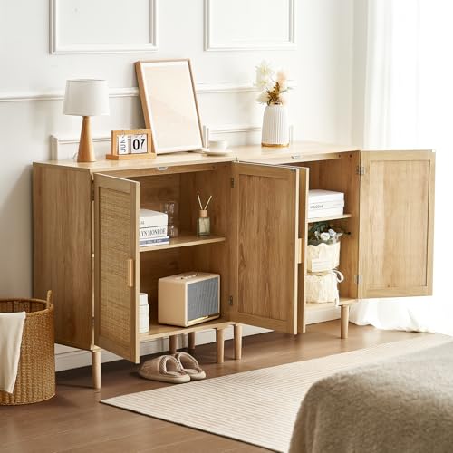 Rattan Buffet Cabinet with 4 Magnetic Doors and Adjustable Shelves