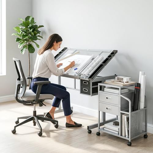 Adjustable Drafting Table with Tilting Glass Top and 2 Drawers