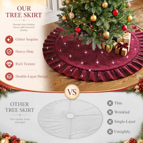 FANPROMS Burgundy Christmas Tree Skirt 60 Inch Sequin Ruffled Holiday Decor