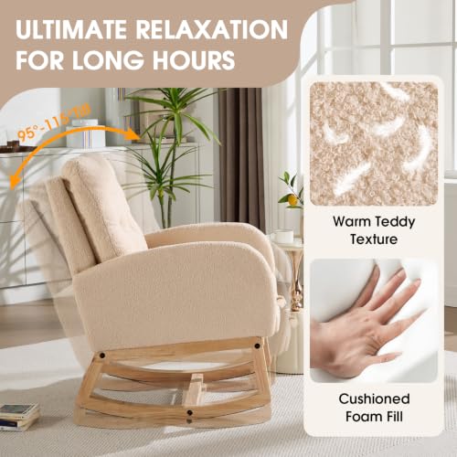 Upholstered Nursery Rocking Chair with Ottoman, Beige Teddy Fabric