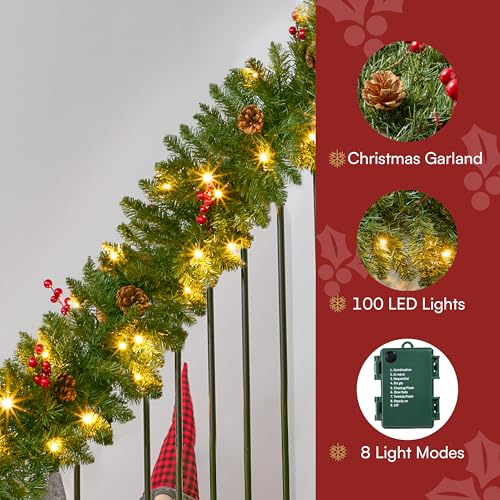 Joiedomi 9Ft Christmas Garland Prelit with Lights & Red Berries - Indoor & Outdoor Decor