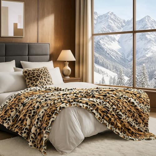 Cozy Bliss Brown Leopard Faux Fur Throw Blanket 60x80 Twin Edition