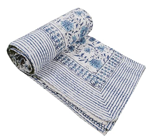 Handmade Kantha Quilt - Floral Print Cotton Twin Blanket