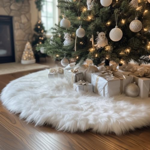 48-Inch White Faux Fur Christmas Tree Skirt - Luxury Plush Base Cover