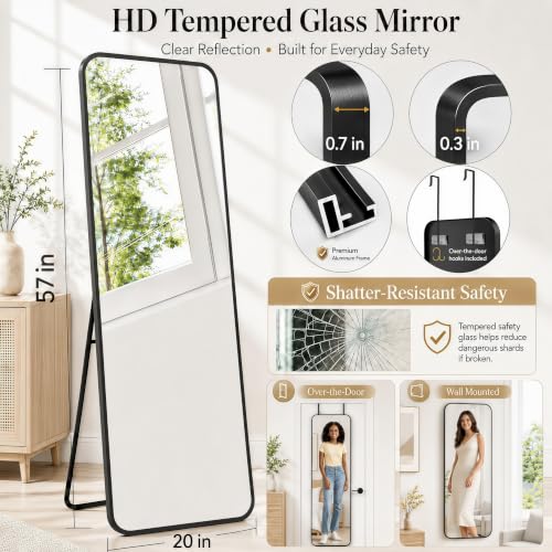 57"x20" Full Length Mirror with Stand, Over the Door & Wall Mount - Black