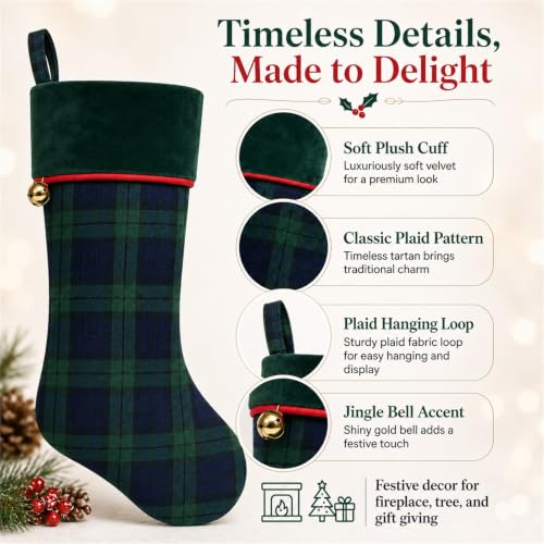 3 Pack Christmas Stockings 20'' Plaid with Velvet Cuffs - Tartan Christmas Stockings