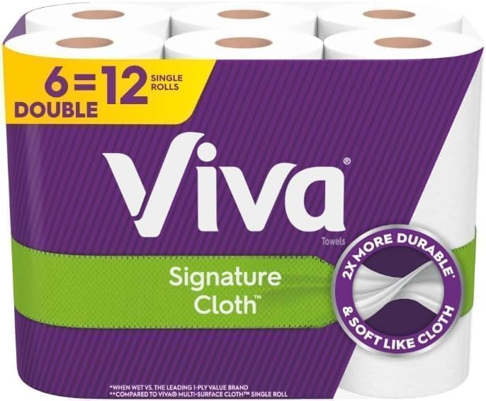 Viva Kitchen Paper Towels - Soft & Strong, Absorbent Cloth-Like Texture | 6 Count, White Rolls