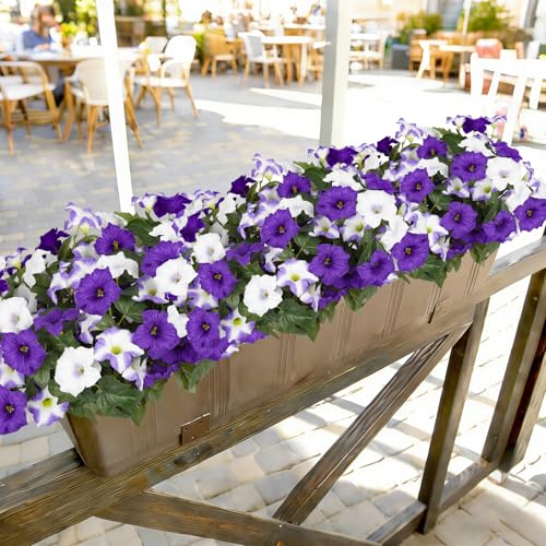UV Resistant Outdoor Artificial Petunia Flowers - 6 Bundles (Purple-White)