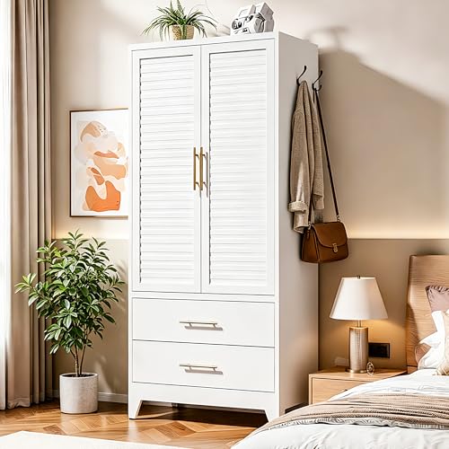 Metal Wardrobe Closet with Adjustable Shelves, Hanging Rod, and 2 Drawers