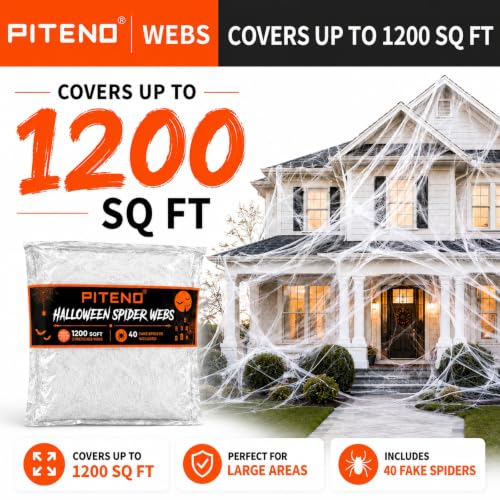 Piteno Stretchable Halloween Spider Webs with 40 Fake Spiders - 1200 Sq Ft White Cobwebs for Indoor and Outdoor Yard Decor