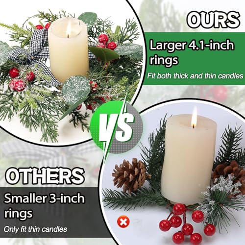 Christmas Candle Ring Wreaths with Snow, Berries & Plaid Bow - 4 Pack