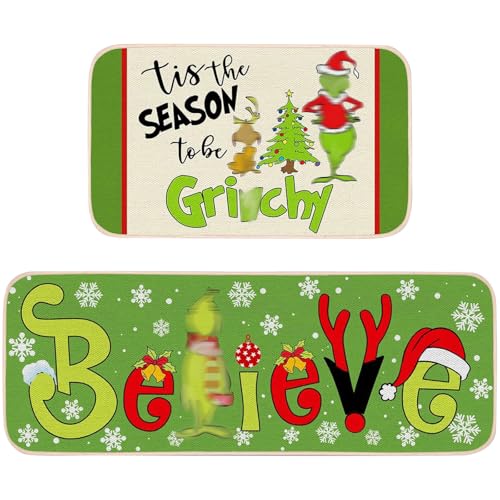 2-Piece Christmas Kitchen Rug Set, Non-Slip Washable Holiday Floor Mats