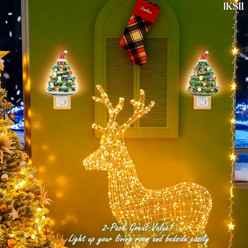 IKSII 2 Pack Ceramic Christmas Tree Night Lights, 6.3" Plug-In, 360° Swivel, Vintage Nostalgic Warm White Light