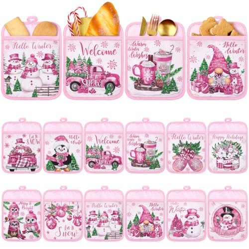 Jingmore Pink Christmas Pot Holders with Pocket, 12-Pack, Snowflake & Gnome Design, Heat Resistant Oven Gloves for Baking & Cooking