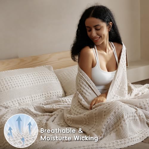 PHF 100% Cotton Waffle Weave Blanket - Queen Size Lightweight Bed Throw