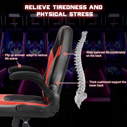 Ergonomic Gaming Chair with Flip-Up Armrests and Lumbar Support, Scarlet Red