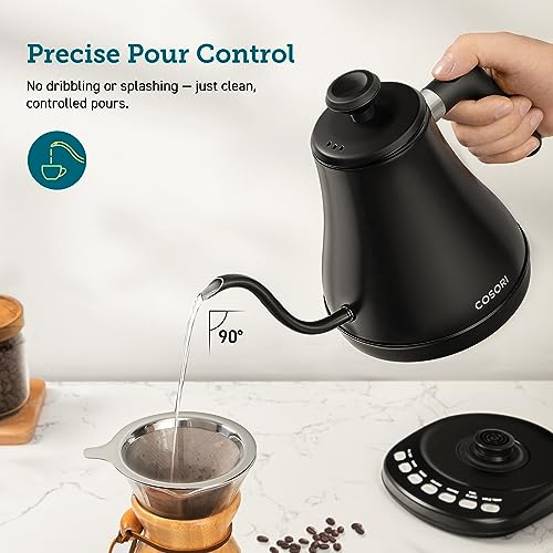 COSORI 5-Temp Gooseneck Kettle with Mug Warmer - Black, Digital Temperature Presets