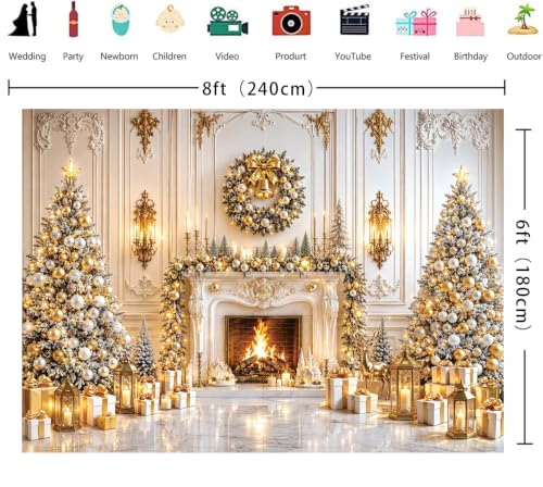 8x6FT White Gold Christmas Fireplace Backdrop | Winter Wonderland Photo Background