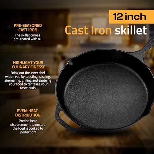 12-Inch Pre-Seasoned Cast Iron Skillet, Heavy-Duty Frying Pan for Oven & Grill