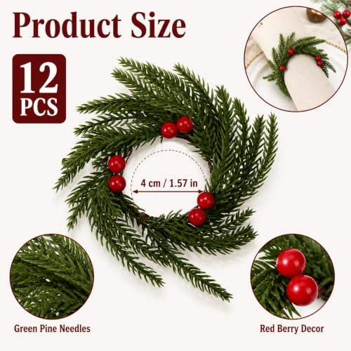Gandeer 12 Pcs Christmas Napkin Rings Wreath Holders - Red Berry