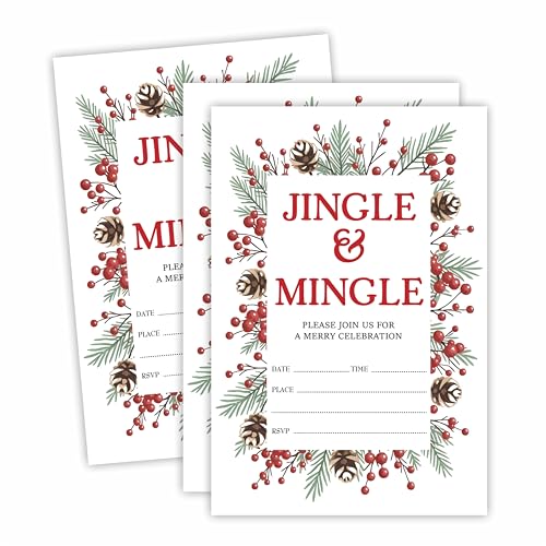 Jingle & Mingle Christmas Invitation Cards with Envelopes - Greenery, Fill-In Style, Pack of 20
